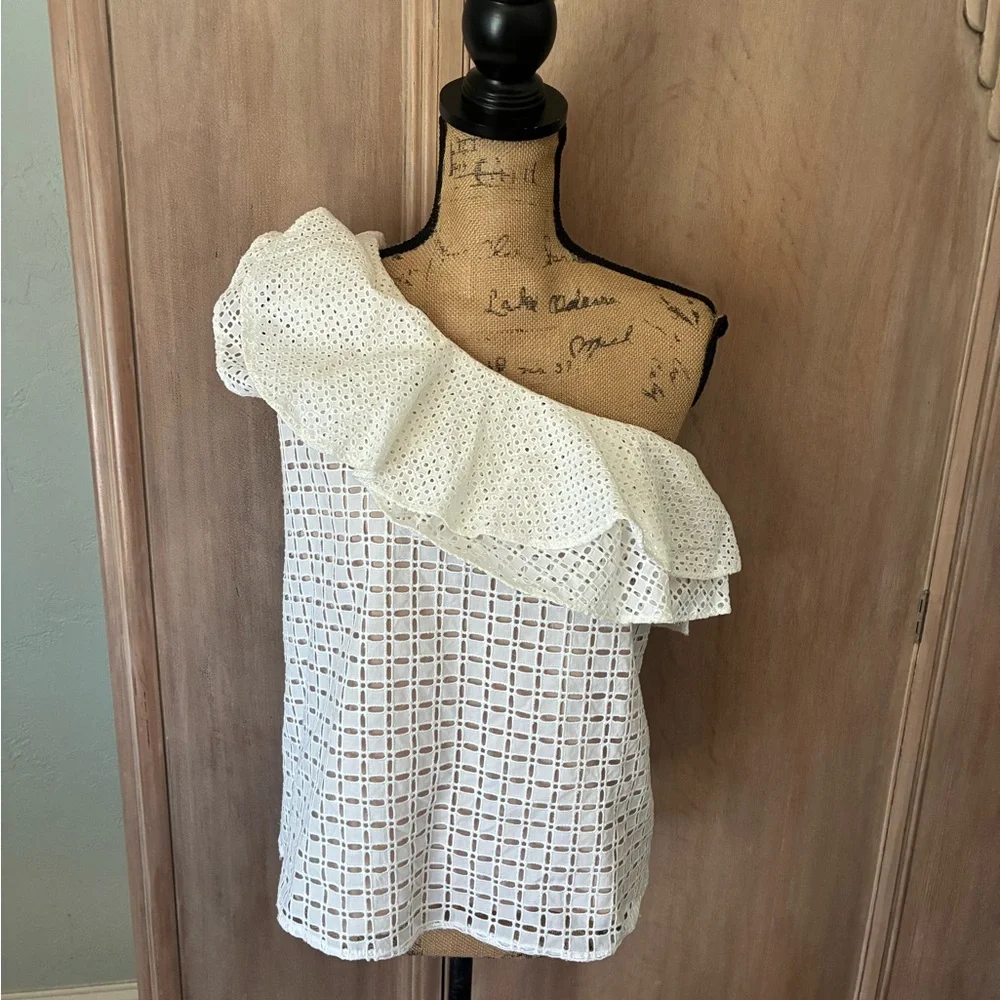 J. Crew Women’s Ruffle One Shoulder Eyelet Lace Top White 4